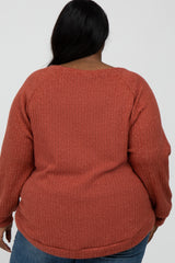 Rust Brushed Ribbed Long Sleeve Plus Top