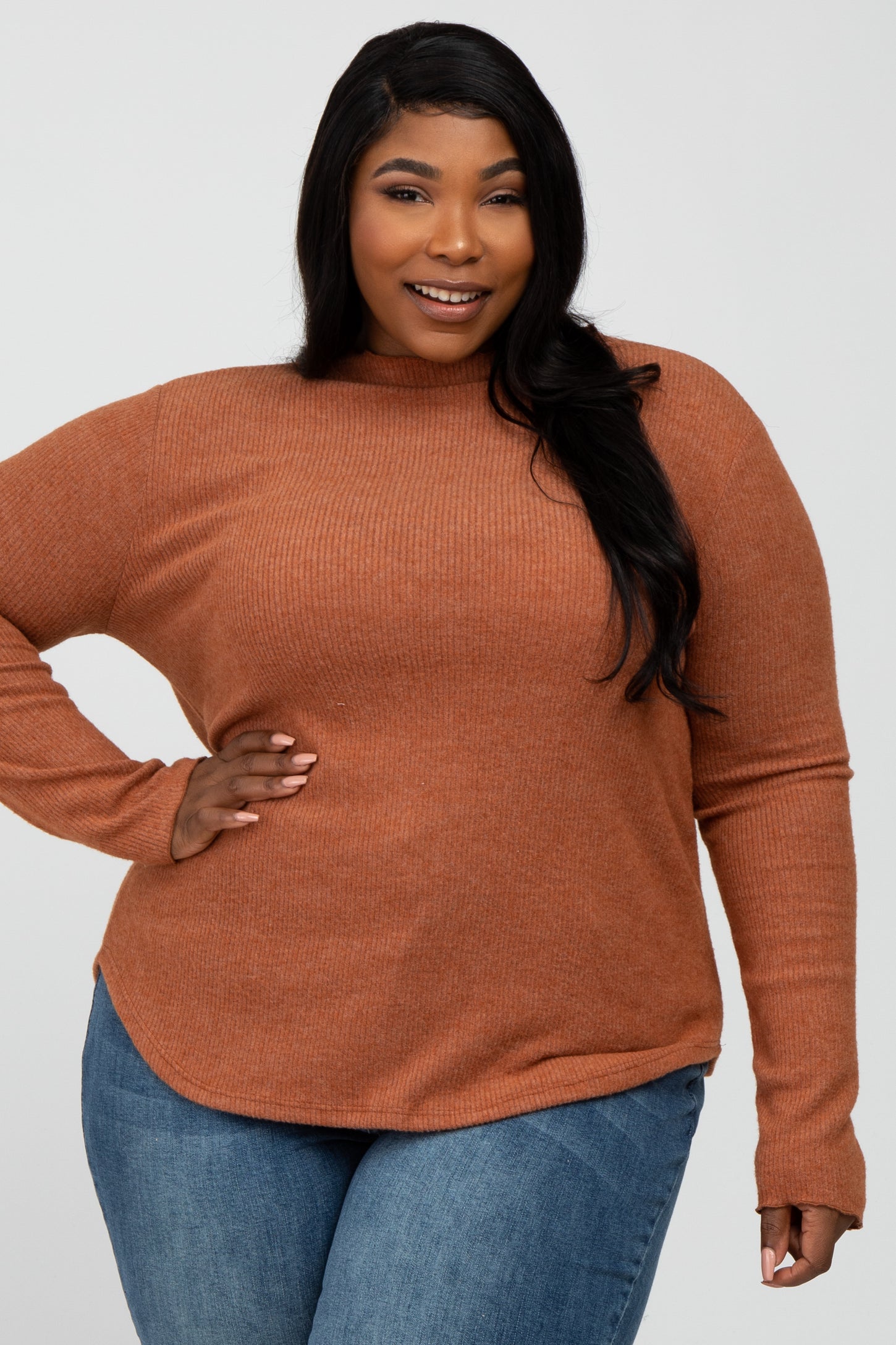 Rust Soft Ribbed Long Sleeve Plus Top