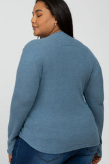 Blue Soft Ribbed Long Sleeve Maternity Plus Top