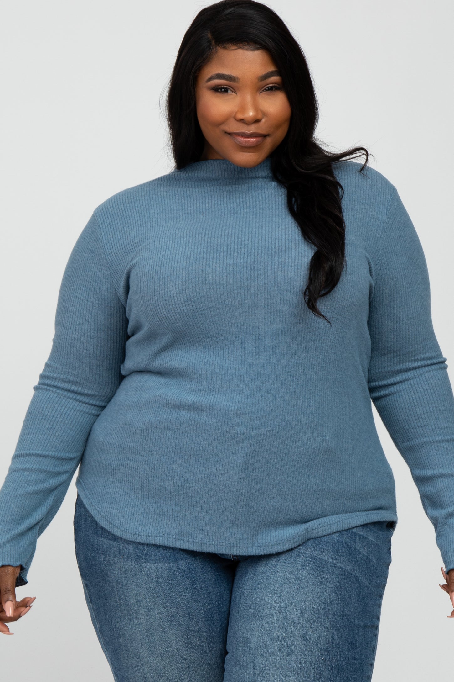 Blue Soft Ribbed Long Sleeve Plus Top