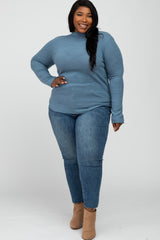 Blue Soft Ribbed Long Sleeve Maternity Plus Top