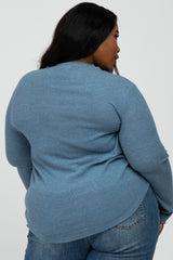Blue Soft Ribbed Long Sleeve Plus Top