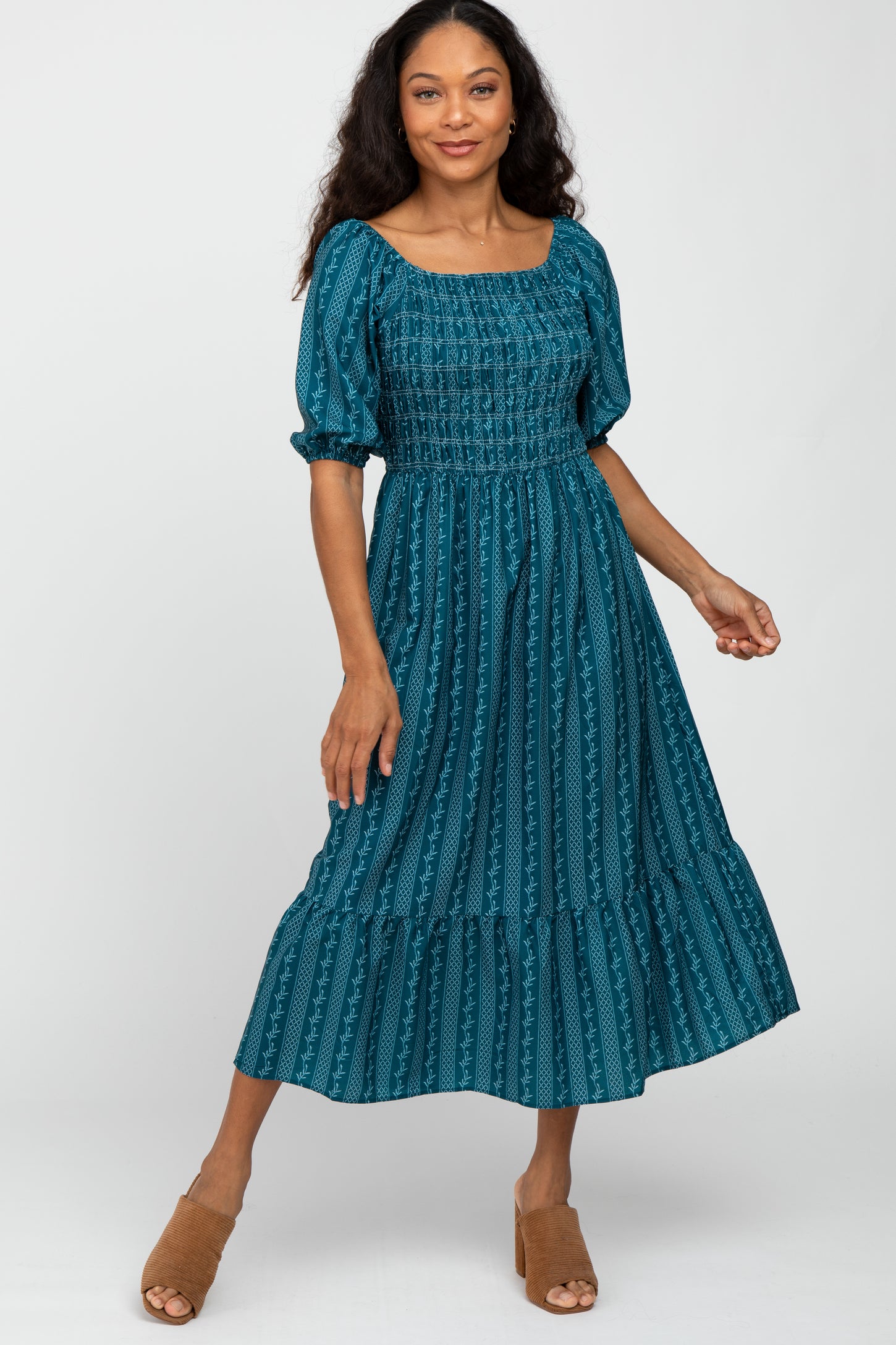 Teal Leaf Print Smocked Midi Dress