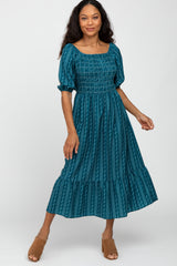 Teal Leaf Print Smocked Midi Dress