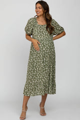 Olive Floral Floral Square Neck Ruffle Hem Maternity Midi Dress