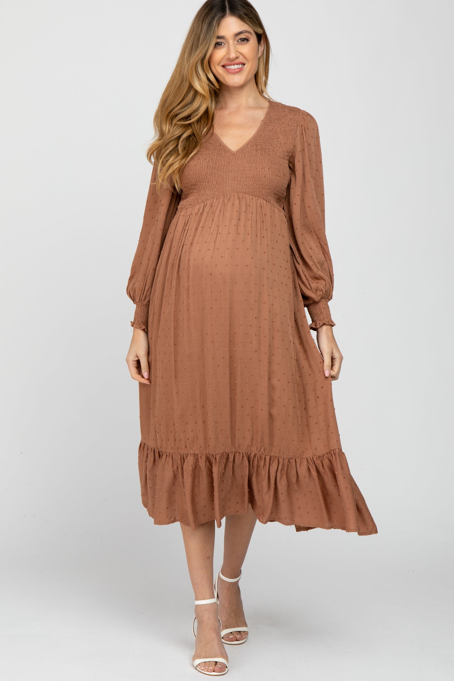 Rust Swiss Dot Smocked Long Sleeve Maternity Dress