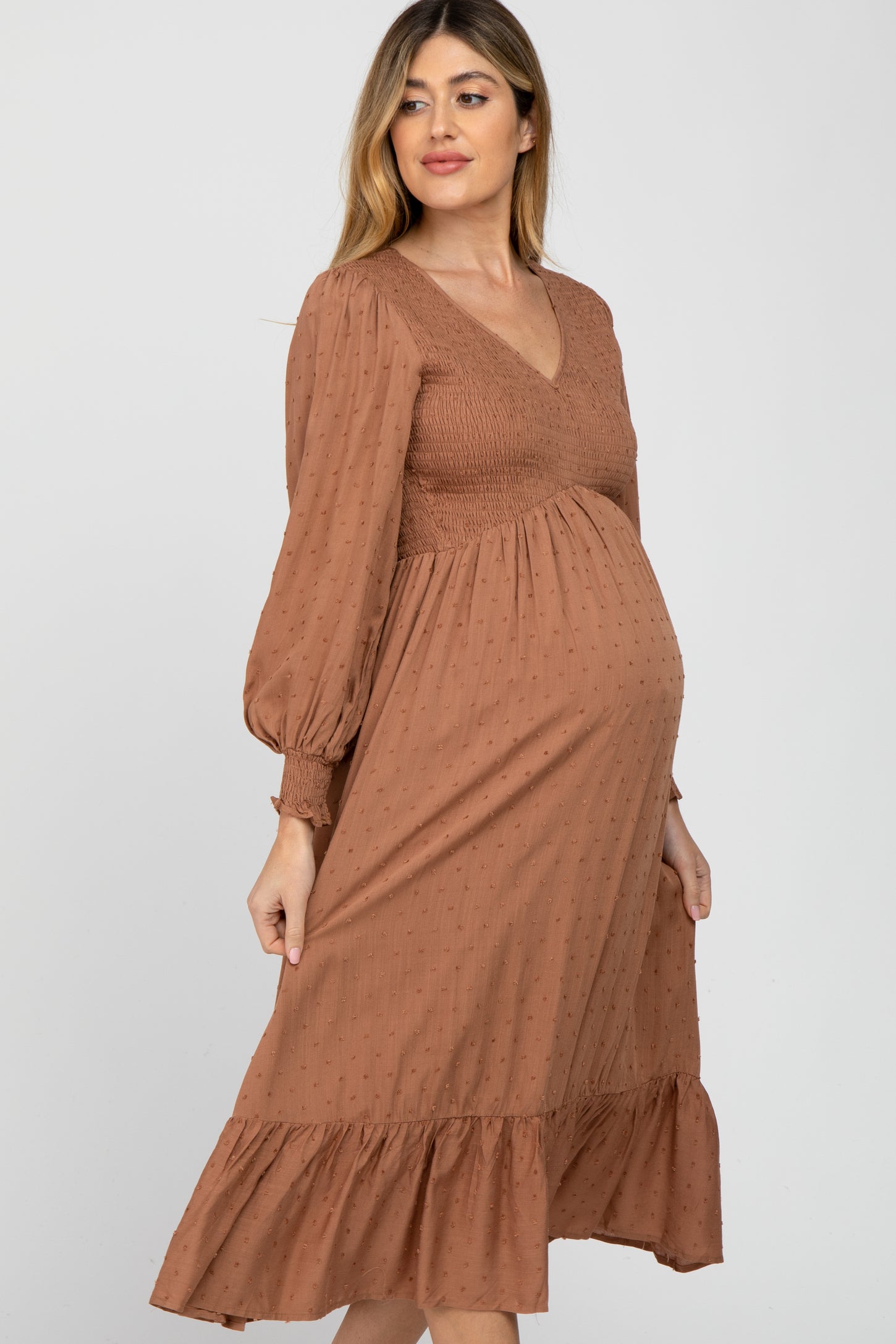 Rust Swiss Dot Smocked Long Sleeve Maternity Dress