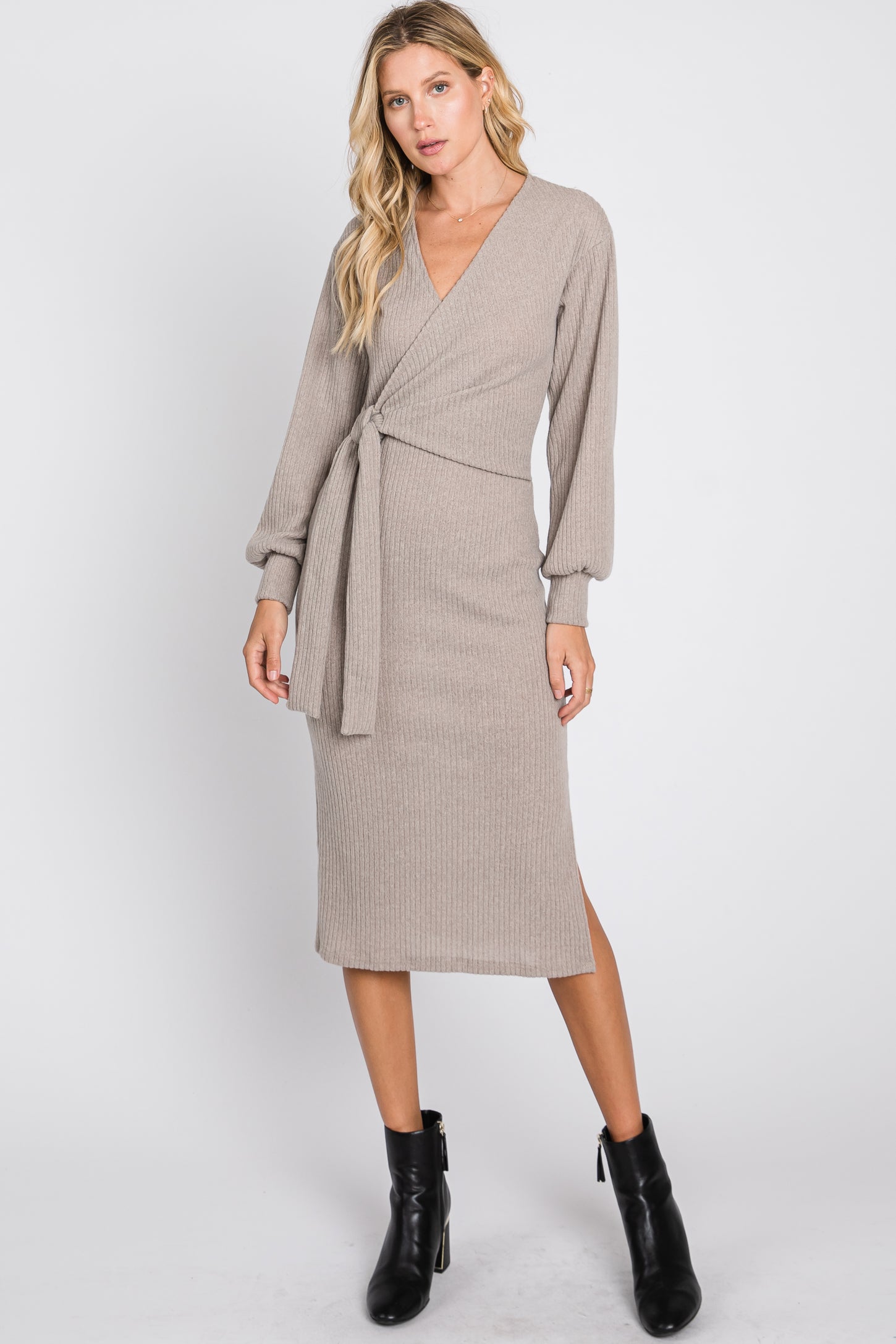 Taupe Brushed Wrap Front Tie Side Slit Maternity Midi Dress