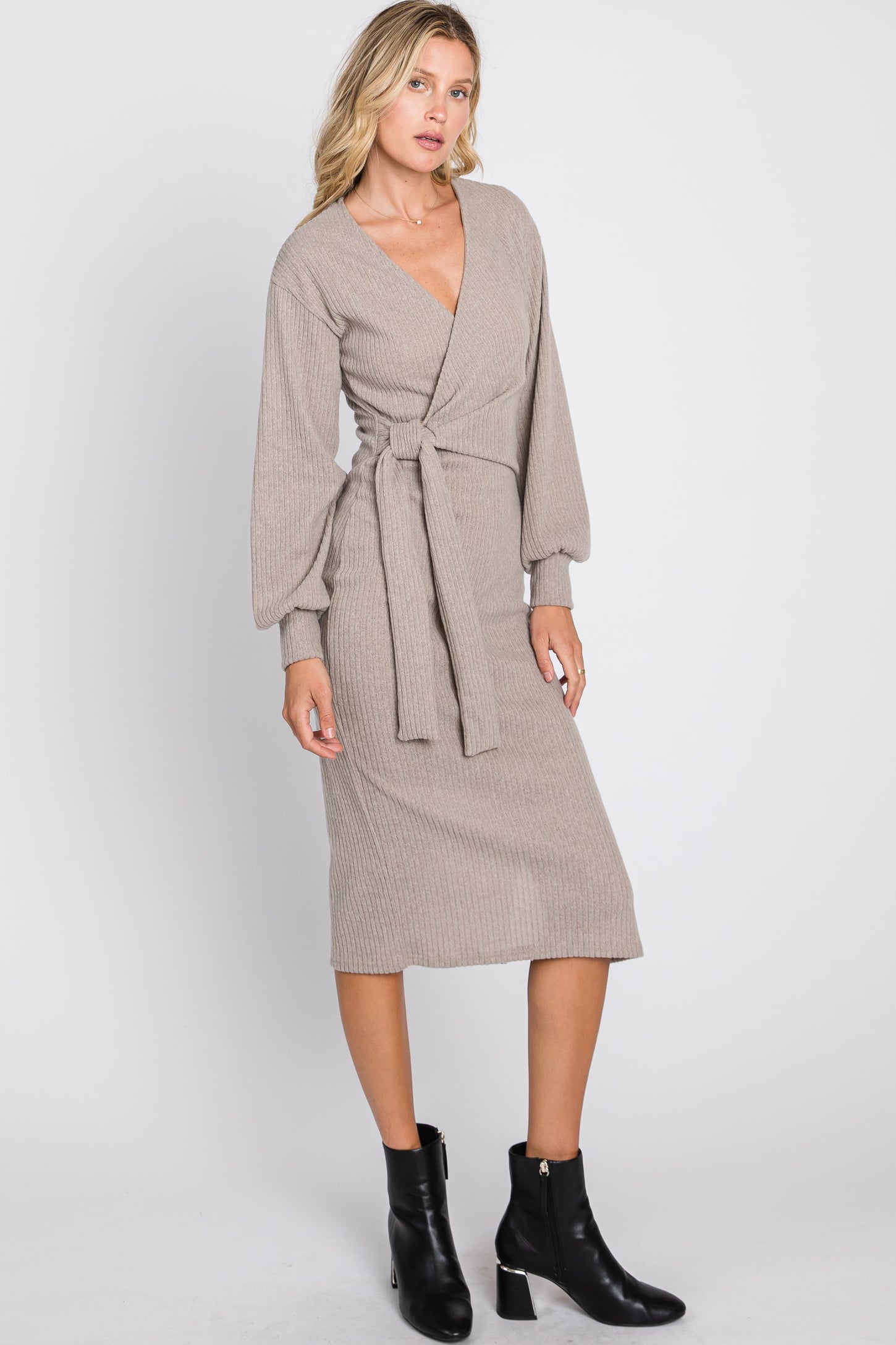 Taupe Brushed Wrap Front Tie Side Slit Midi Dress
