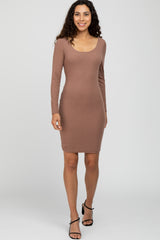 Mocha Ribbed Fitted Long Sleeve Dress