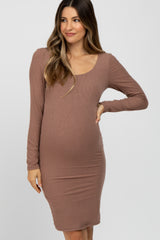 Mocha Ribbed Fitted Long Sleeve Maternity Dress