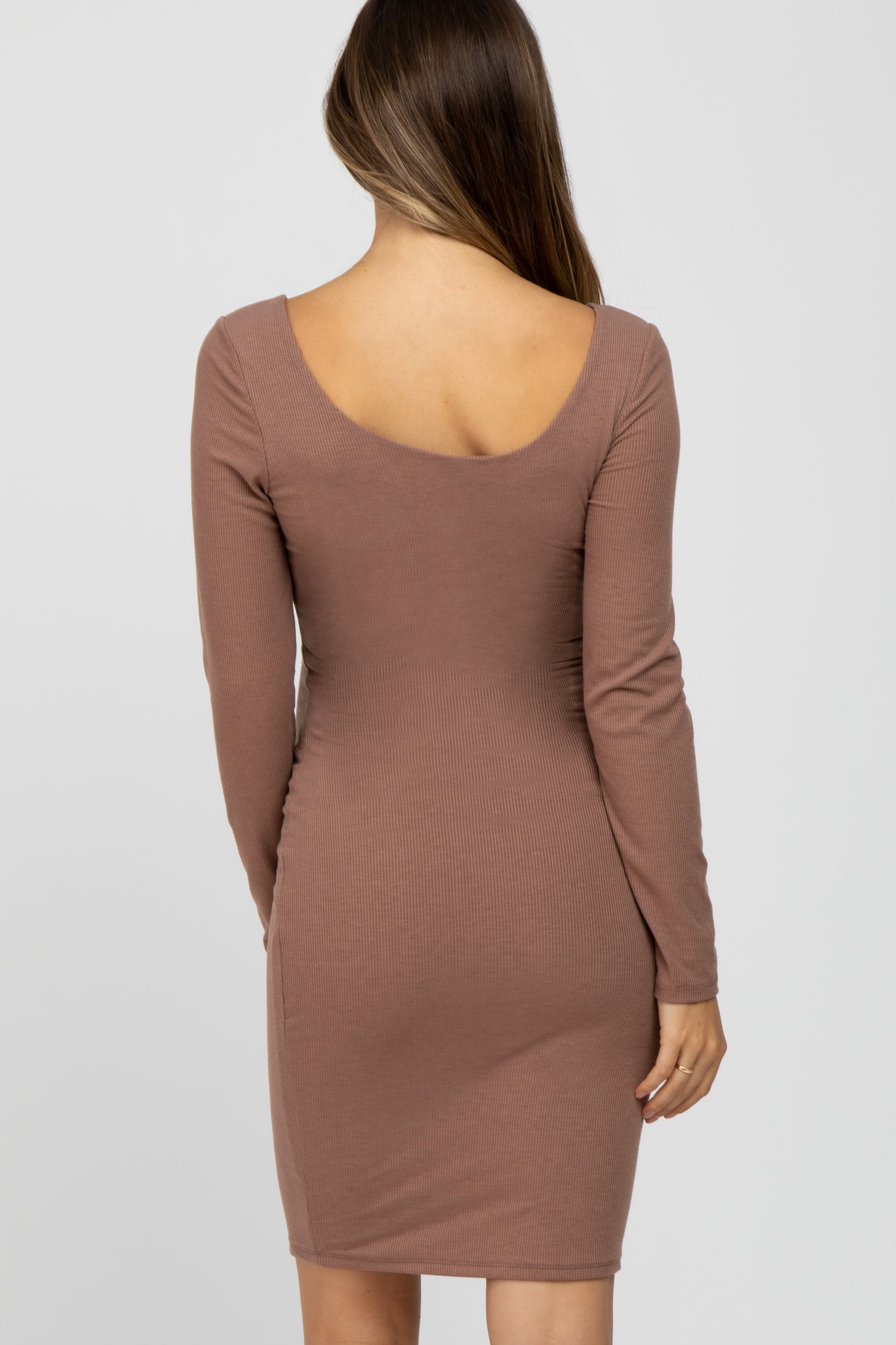 Mocha Ribbed Fitted Long Sleeve Maternity Dress
