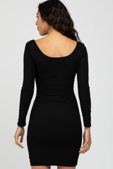 Black Ribbed Fitted Long Sleeve Dress