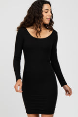 Black Ribbed Fitted Long Sleeve Dress