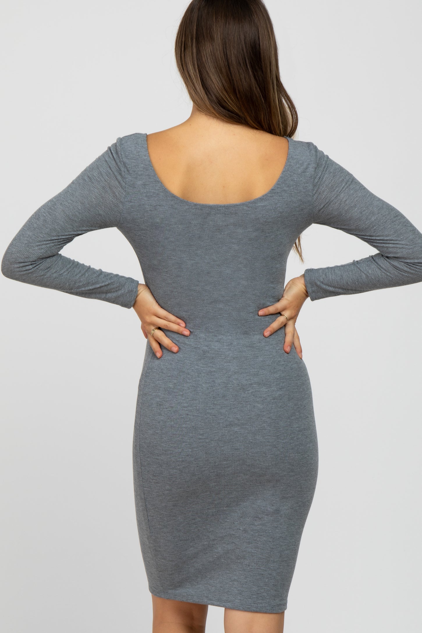 Grey Ribbed Fitted Long Sleeve Maternity Dress