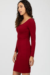 Burgundy Ribbed Fitted Long Sleeve Dress
