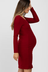 Burgundy Ribbed Fitted Long Sleeve Maternity Dress