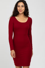 Burgundy Ribbed Fitted Long Sleeve Dress