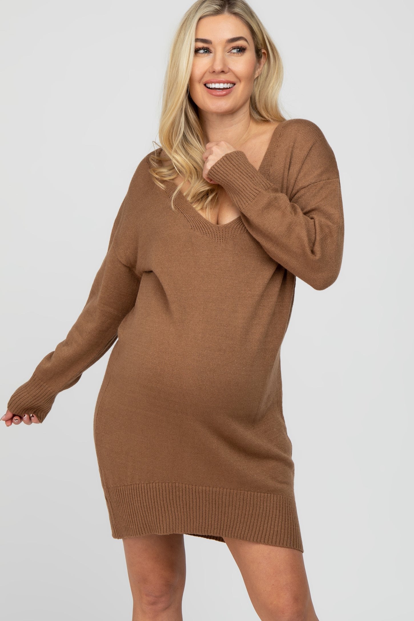 Camel Knit Long Sleeve Maternity Sweater Dress