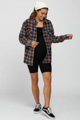 Navy Blue Plaid Maternity Flannel Top