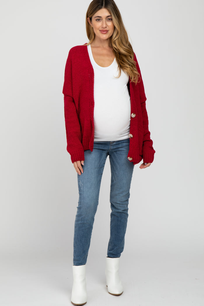 Red Oversized Deep V-Neck Maternity Cardigan