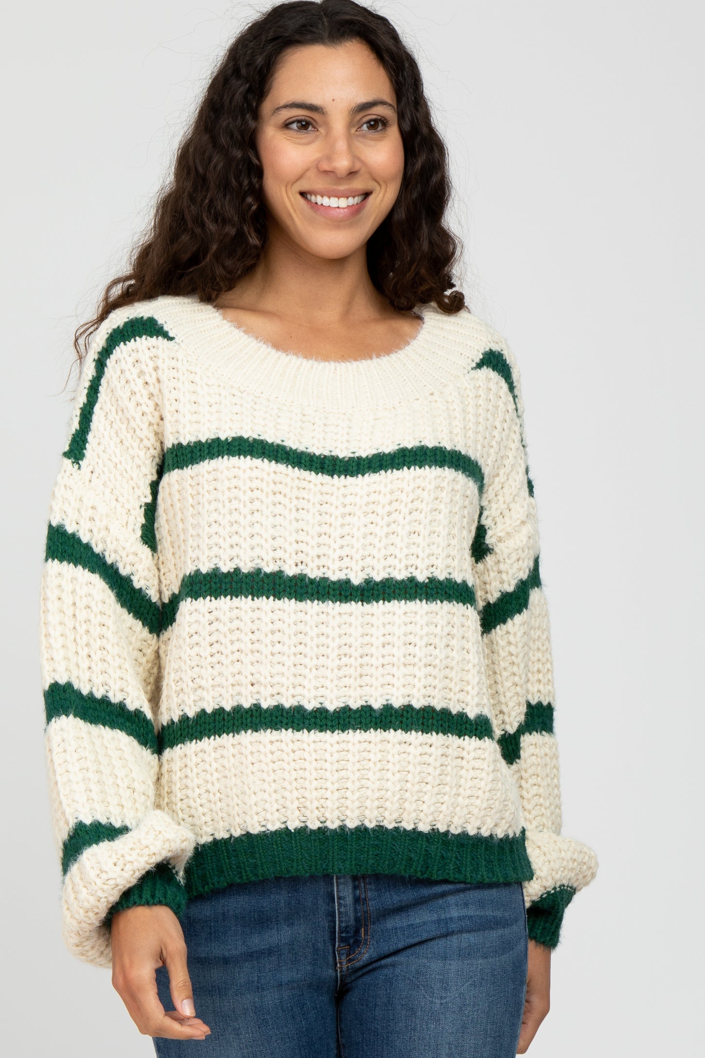 Green Cream Striped Chunky Knit Maternity Sweater