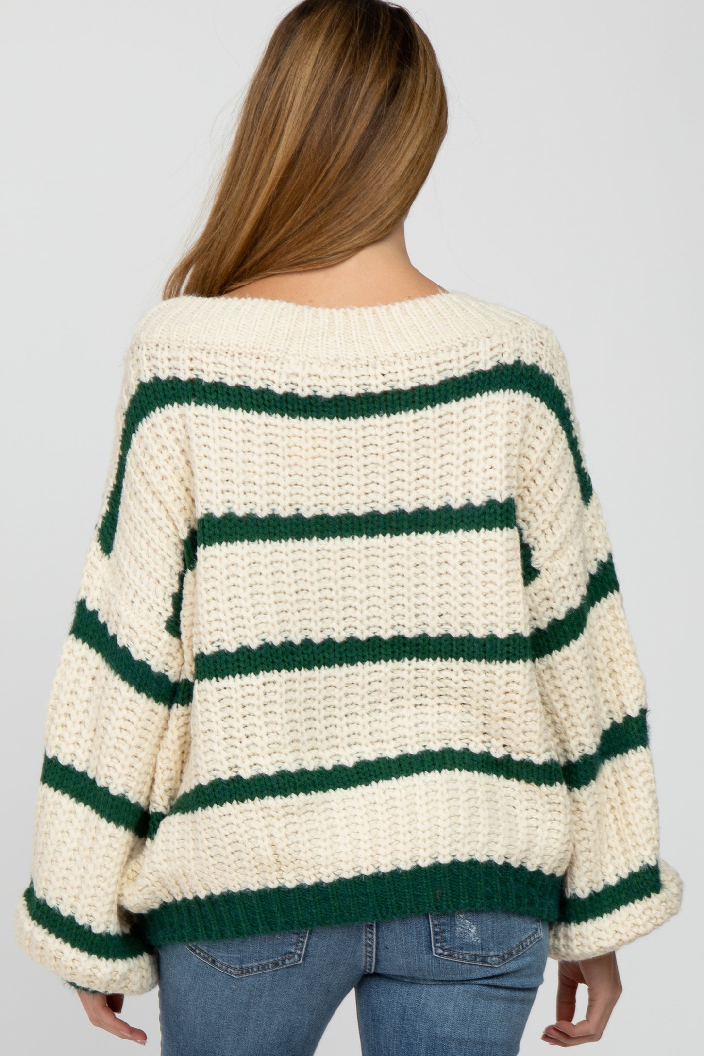Green Cream Striped Chunky Knit Maternity Sweater