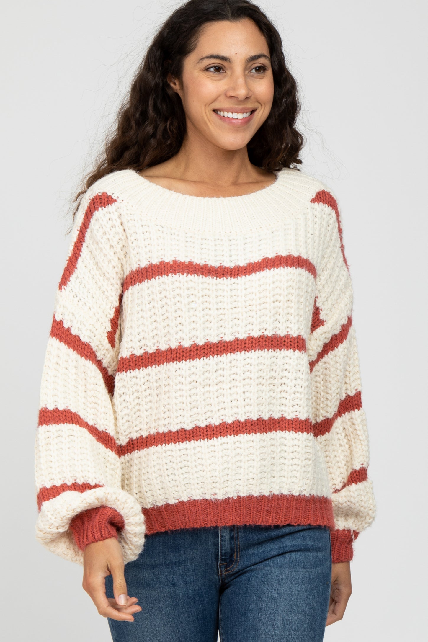 Rust Cream Striped Chunky Knit Sweater