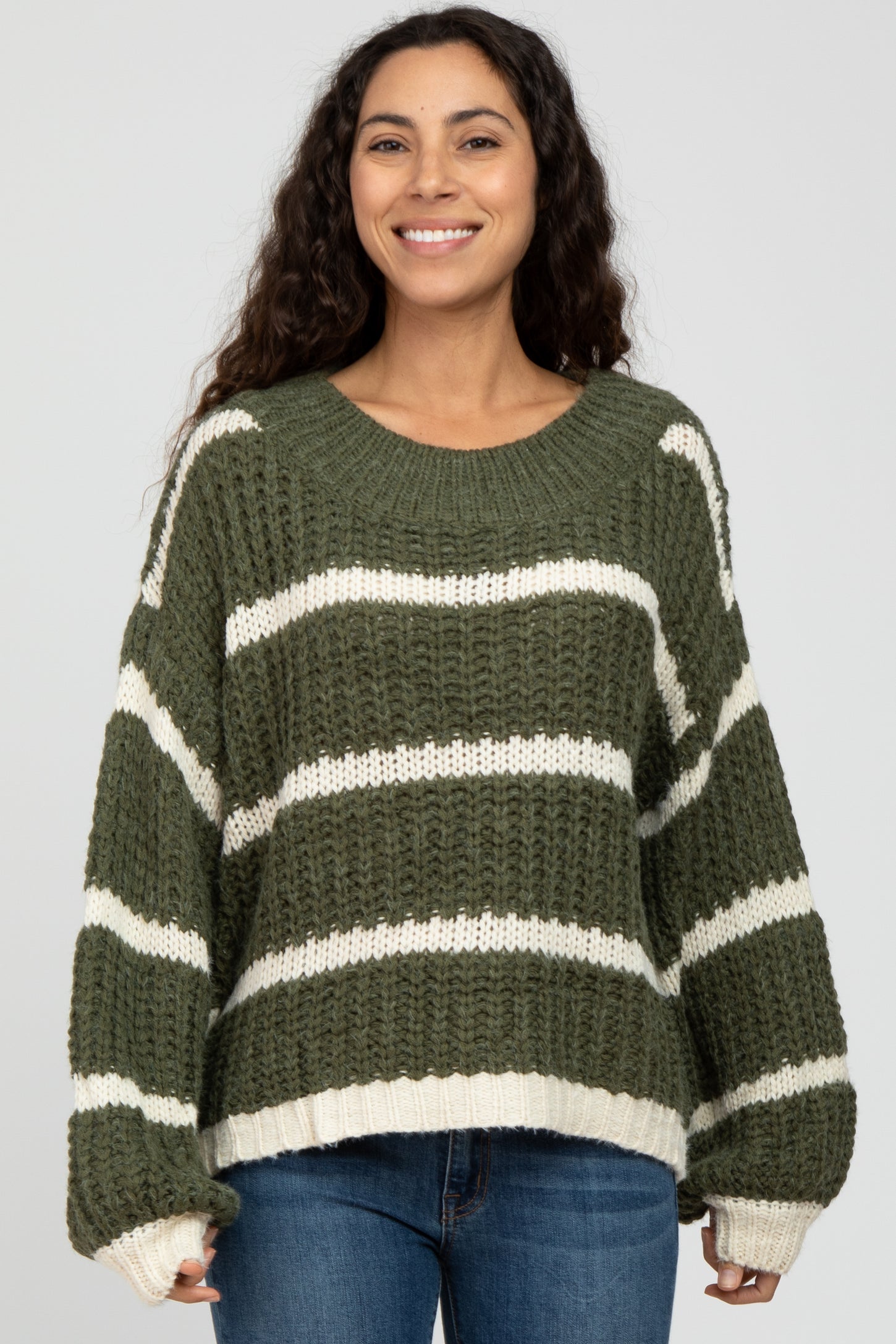 Olive Cream Striped Chunky Knit Sweater