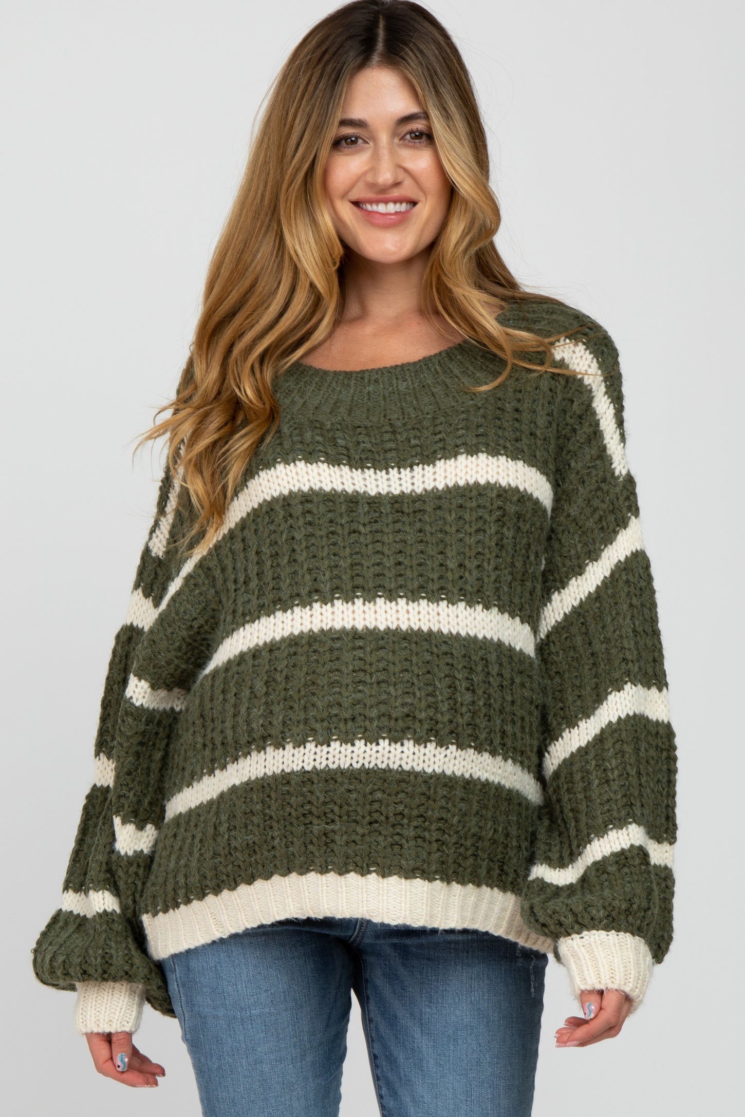 Olive Cream Striped Chunky Knit Maternity Sweater