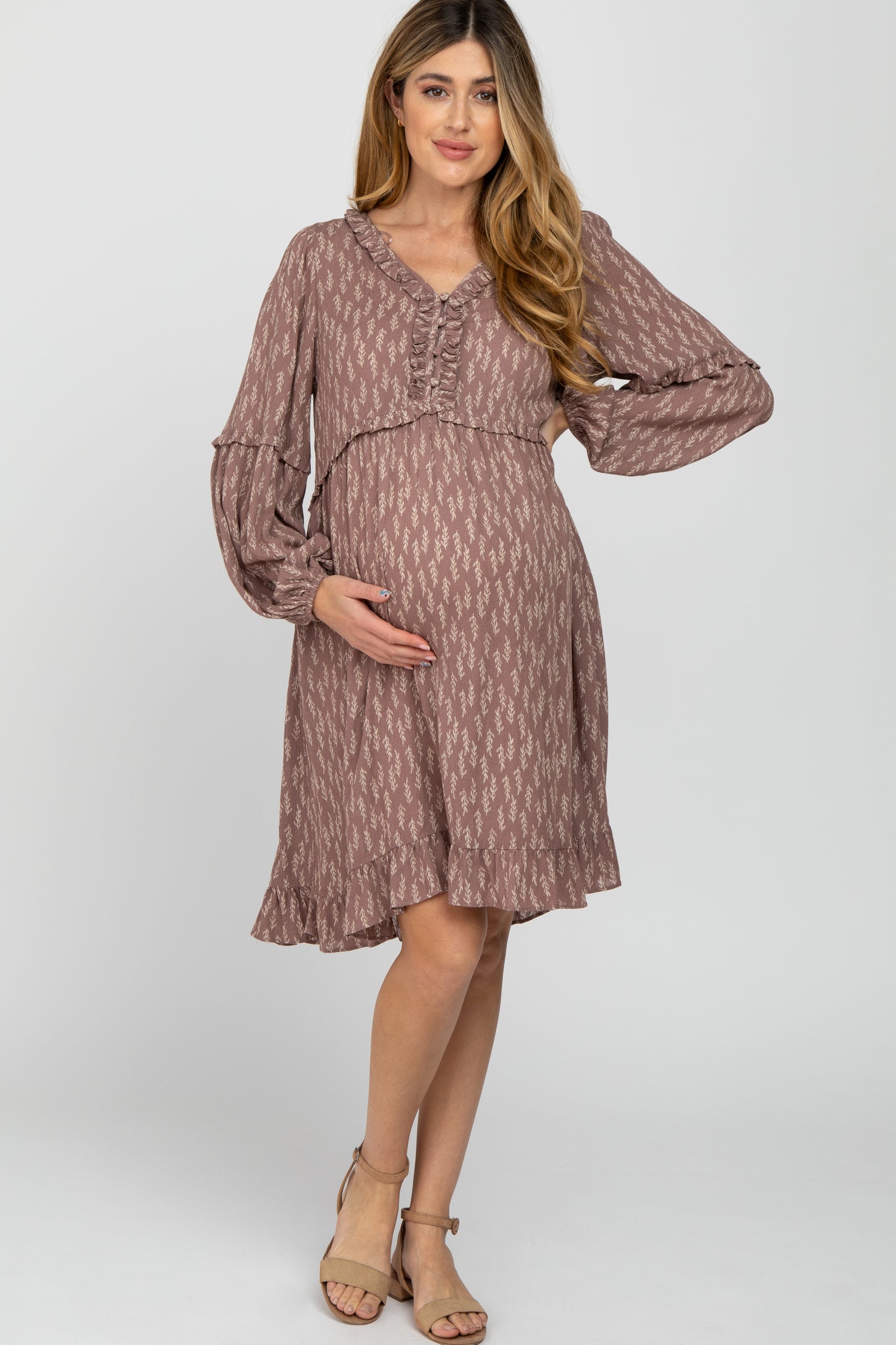 Mauve Leaf Print Ruffle Button Front Maternity Dress
