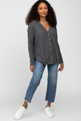 Charcoal Waffle Knit Button Front Top