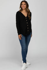 Black Waffle Knit Button Front Maternity Top