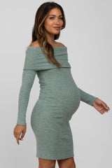 Mint Green Soft Ribbed Folded Neck Off Shoulder Maternity Dress
