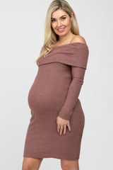 Mauve Soft Ribbed Folded Neck Off Shoulder Maternity Dress