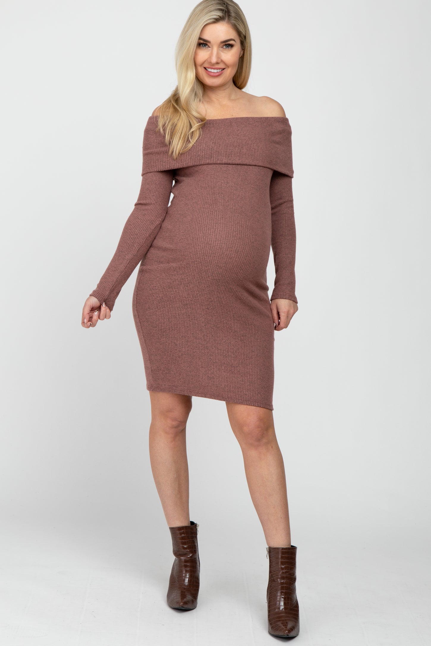 Mauve Soft Ribbed Folded Neck Off Shoulder Maternity Dress