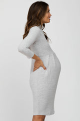 Heather Grey Brushed Mock Neck Fitted Maternity Dress