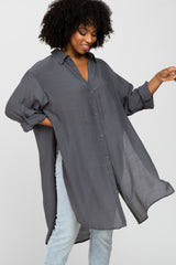 Charcoal Button Front Side Slit Oversized Blouse