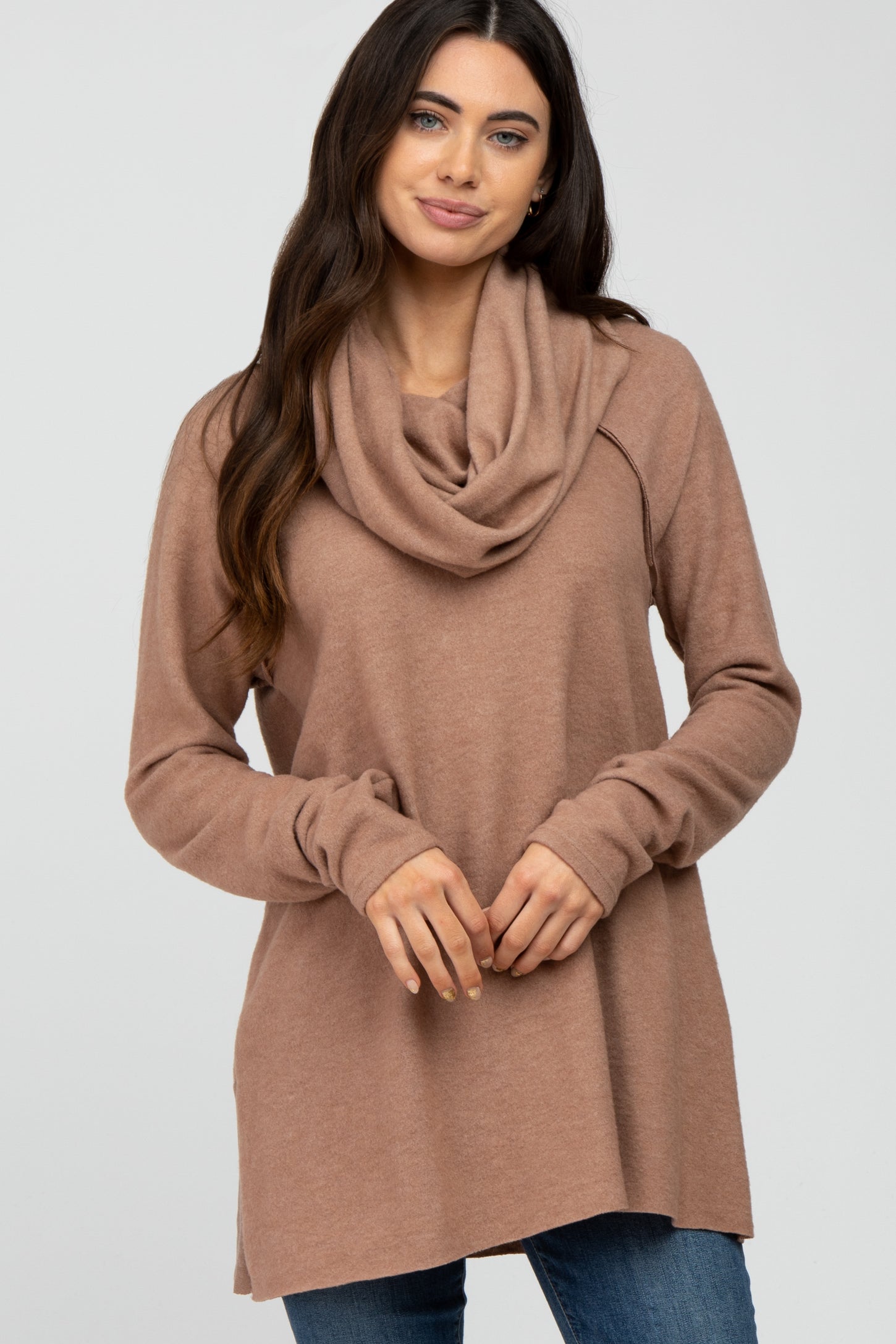 Camel Brushed Knit Cowl Neck Long Sleeve Top