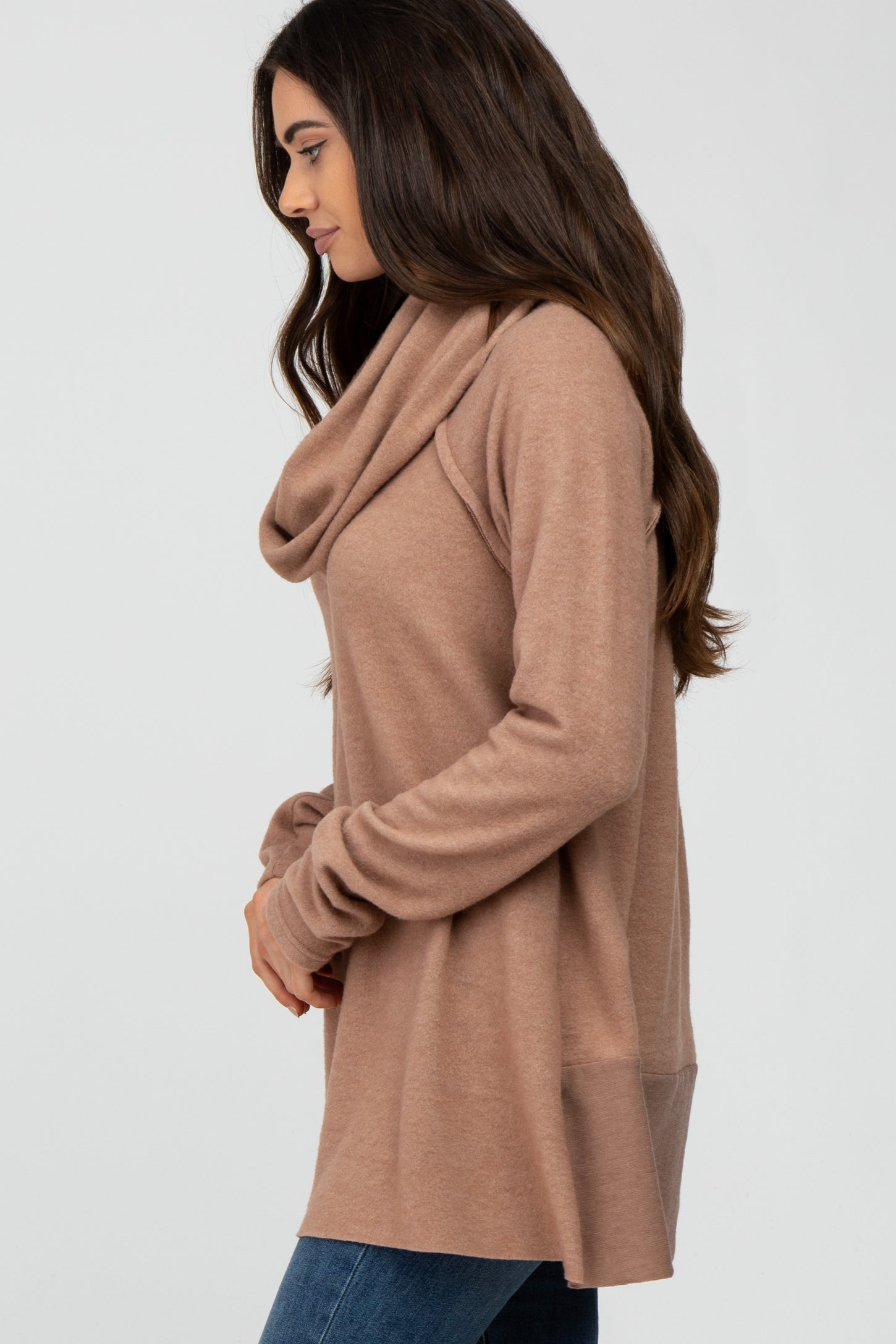 Camel Brushed Knit Cowl Neck Long Sleeve Top