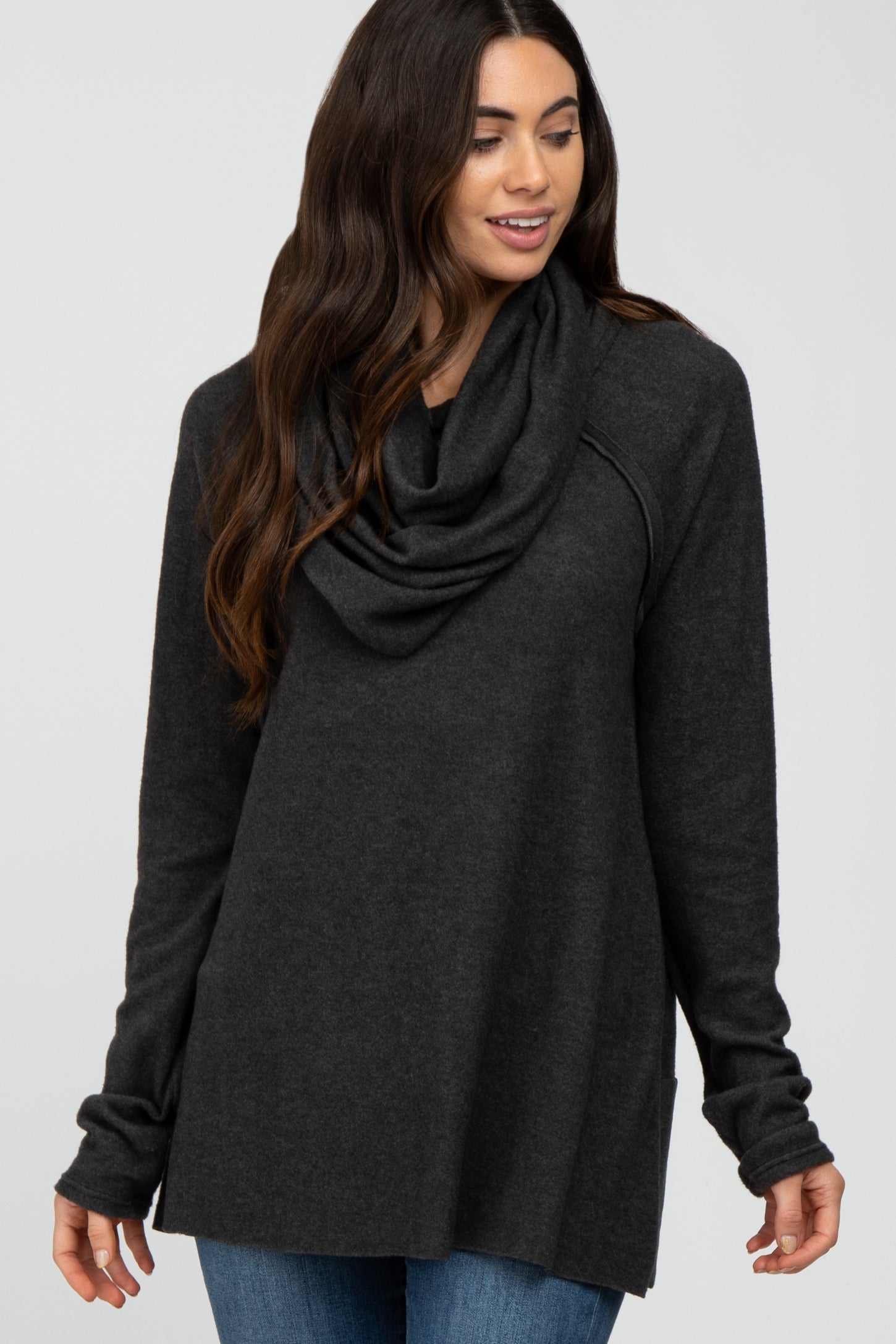 Charcoal Brushed Knit Cowl Neck Long Sleeve Maternity Top