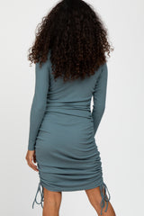 Blue Ribbed Ruched Side Tie Fitted Dress