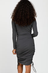 Charcoal Ribbed Ruched Side Tie Fitted Dress