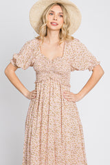 Pink Floral Sweetheart Neck Midi Dress