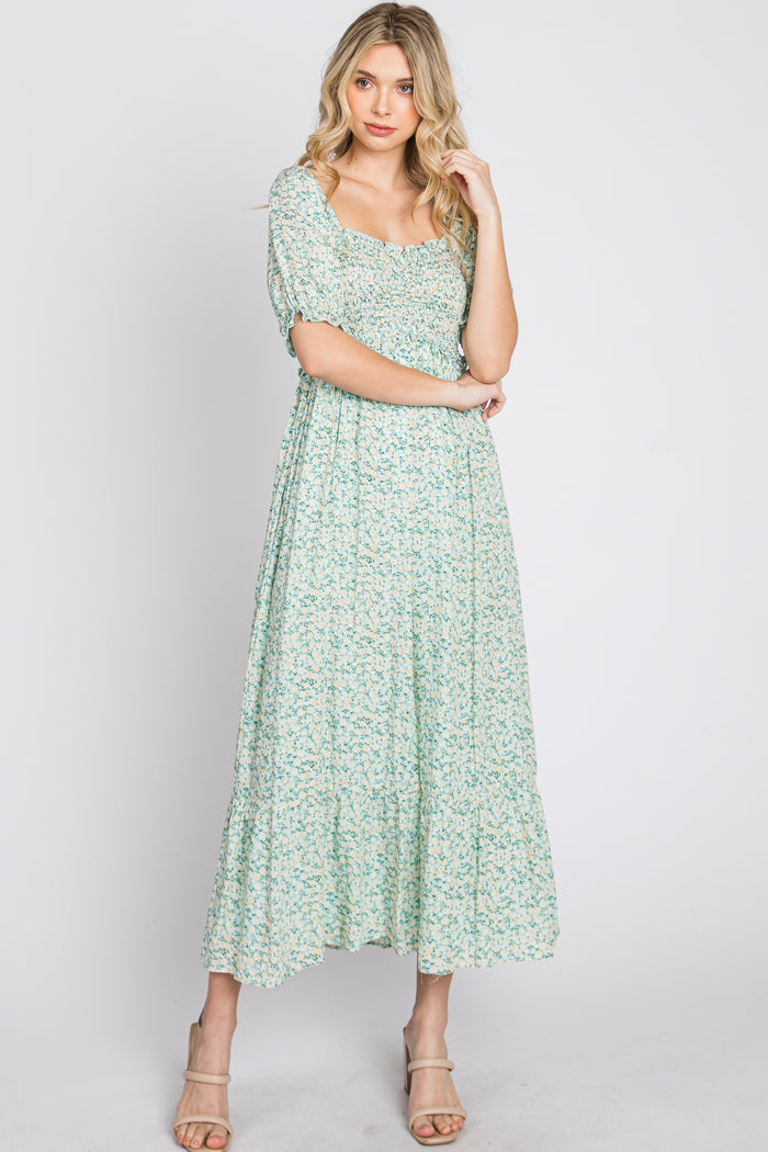 Mint Floral Sweetheart Neck Midi Dress
