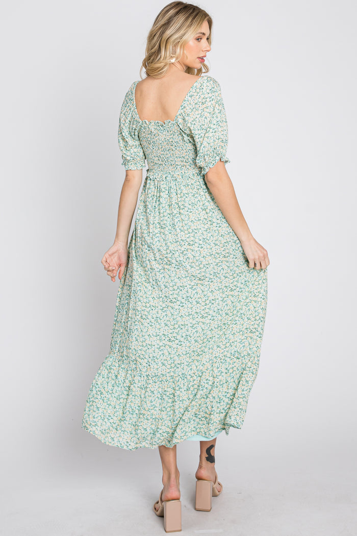 Mint Floral Sweetheart Neck Midi Dress