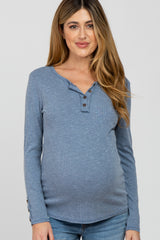 Blue Henley Long Sleeve Maternity Top