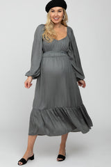 Charcoal Satin Ruched Sweetheart Neck Maternity Midi Dress