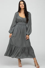 Charcoal Satin Ruched Sweetheart Neck Maternity Midi Dress