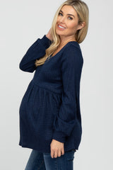 Navy Textured Knit Babydoll Long Sleeve Maternity Top